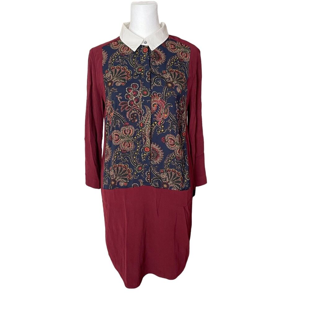 Sandro Small Popover Shirt Dress Long Sleeve Paisley Maroon Button